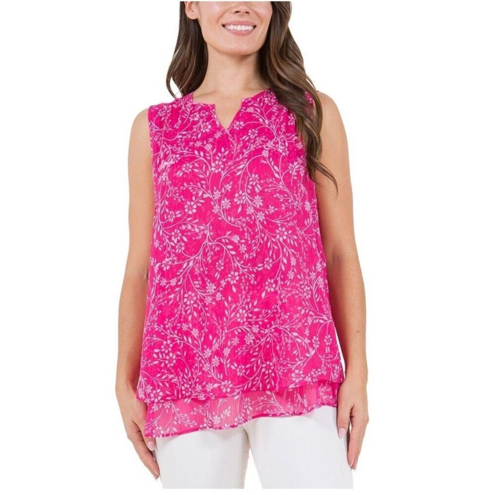 Cristina B Pink Sleeveless Floral Print Blouse Multi Layered Hi low Womens Sz L